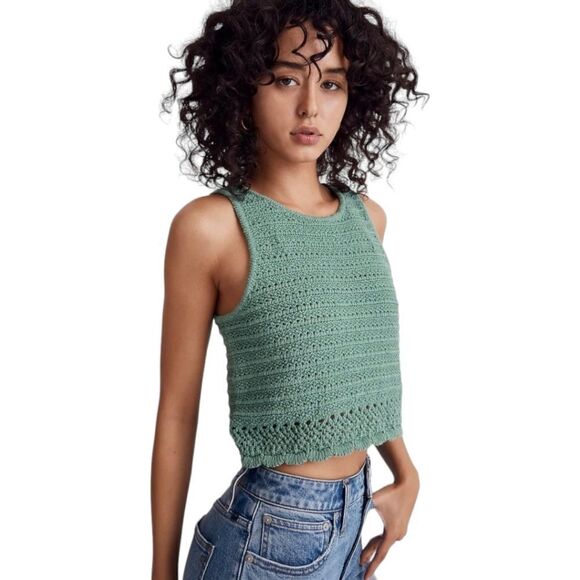 Madewell NWT Kellen Crocheted Crop Sweater Tank with Scalloped Hem, XS Green - Picture 2 of 10